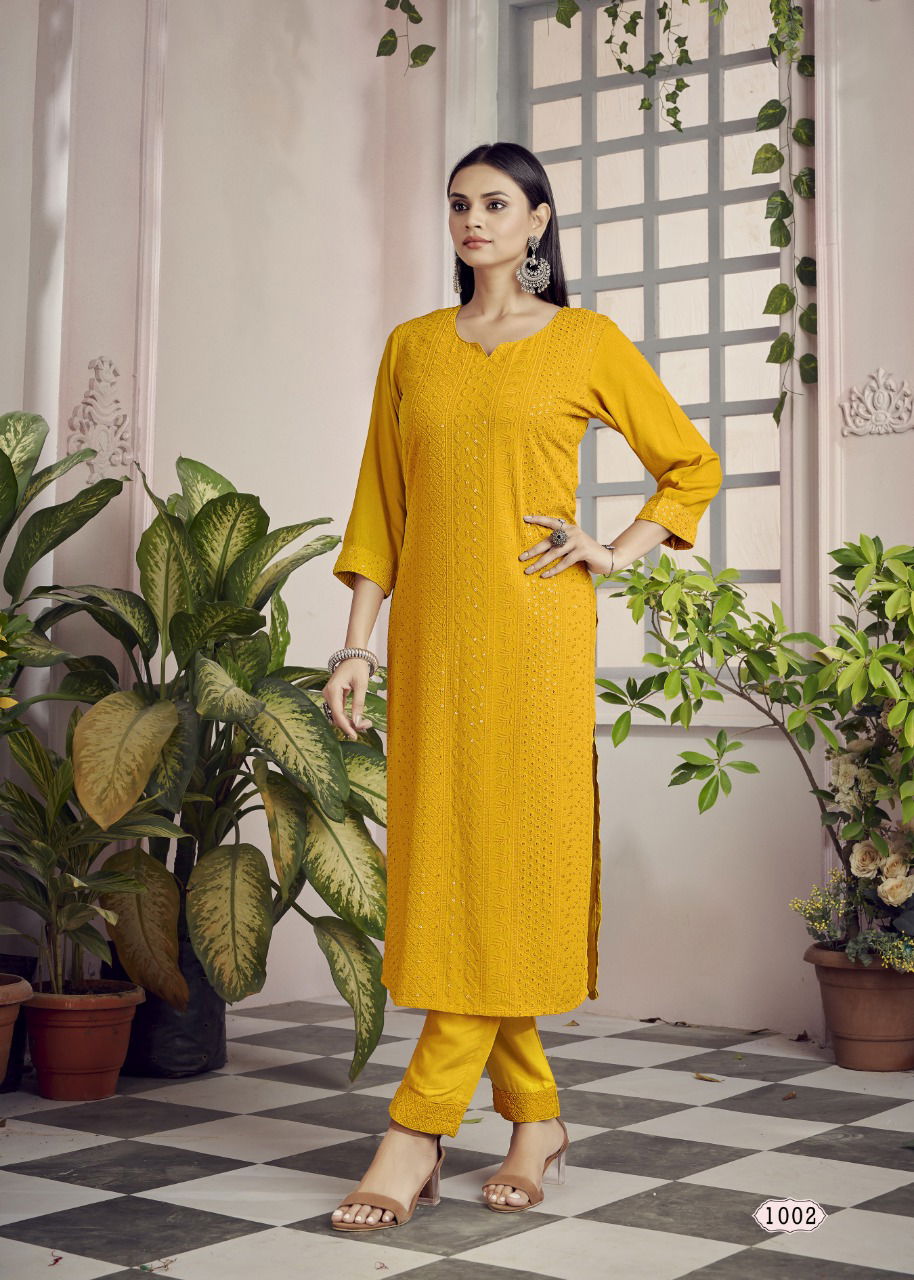 Banwery Schiffli Rayon Fancy Wear Latest Kurti With Pant Collection
